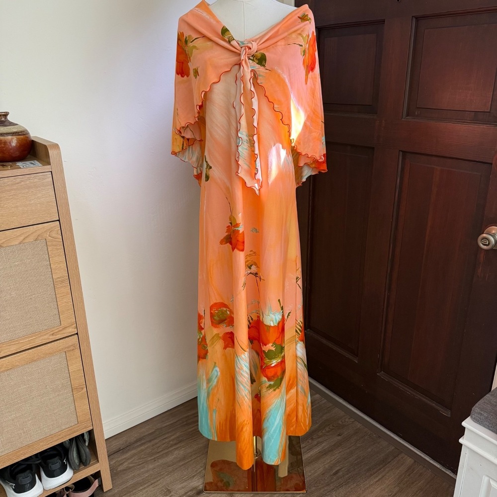Lee Jordan NY Floral Maxi Dress Built in Shawl 90s Peachy | Est‎ Size Medium